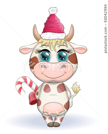 Cute cartoon cow, bull with Christmas candy and in Cute cartoon cow, bull with Christmas candy and in 68042994