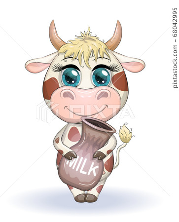 Cute cartoon cow, bull with a jug of milk, symbol Cute cartoon cow, bull with a jug of milk, symbol 68042995