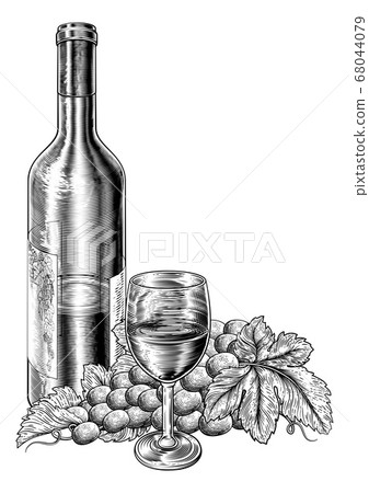 Wine Glass Bottle Grapes Vine Bunch Woodcut Style Wine Glass Bottle Grapes Vine Bunch Woodcut Style 68044079