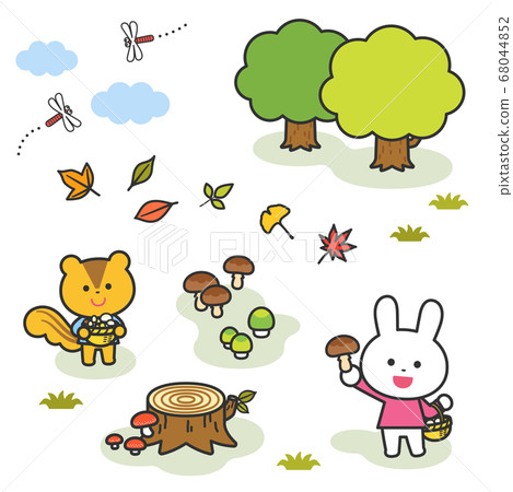 Autumn landscape / Rabbit bird picking mushrooms / Lined 68044852