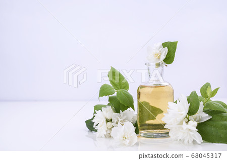 Jasmine oil. Aromatherapy and massage product, alternative medicine. Flowers and a bottle with oil 68045317