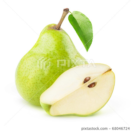One whole green pear and a piece with seeds 68046724