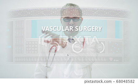 VASCULAR SURGERY tab is scrolled by a doctor on a modern display VASCULAR SURGERY tab is scrolled by a doctor on a modern display 68048582