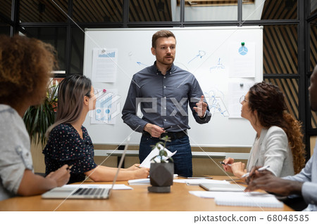 Confident businessman executive talk to employees during corporate briefing Confident businessman executive talk to employees during corporate briefing 68048585