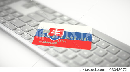 Plastic bank card depicting flag of Slovakia on computer keyboard. Fictional numbers Plastic bank card depicting flag of Slovakia on computer keyboard. Fictional numbers 68048672