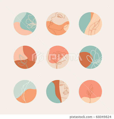 Set of pastel colors vector highlight covers. Abstract backgrounds, shapes, lines, spots, dots, doodle objects with linear flowers, woman faces. Round icons for social media stories Set of pastel colors vector highlight covers. Abstract backgrounds, shapes, lines, spots, dots, doodle objects with linear flowers, woman faces. Round icons for social media stories 68049824