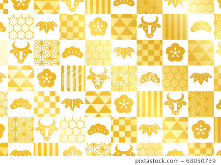 Japanese pattern background of cow and shochiku gorgeous golden Japanese pattern background of cow and shochiku gorgeous golden 68050739
