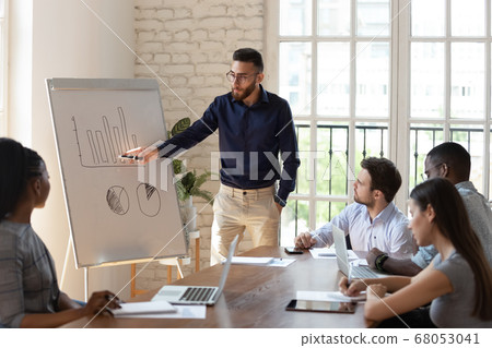 Diverse business people listen speaker coach giving flip chart presentation 68053041