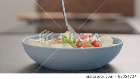tries salad with frisee lettuce, tomatoes amd mozzarella in a blue bowl on kitchen countertop tries salad with frisee lettuce, tomatoes amd mozzarella in a blue bowl on kitchen countertop 68054734