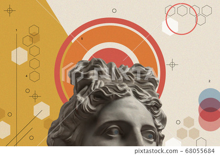 Art collage with antique sculpture of Apollo face and numbers, geometric shapes. Beauty, fashion and health theme. Science, research, discovery, technology concept. Zine culture. Pop art style. Art collage with antique sculpture of Apollo face and numbers, geometric shapes. Beauty, fashion and health theme. Science, research, discovery, technology concept. Zine culture. Pop art style. 68055684