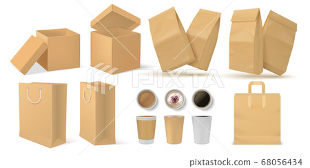 Realistic fast food pack. 3D paper snack and drinks packaging mock up set for branding design. Vector food and coffee containers set Realistic fast food pack. 3D paper snack and drinks packaging mock up set for branding design. Vector food and coffee containers set 68056434