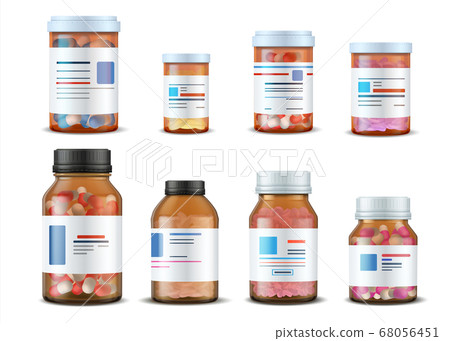 Pill bottles. Realistic medical glass containers with plastic caps pills and labels, 3D drugs and medical supplements. Vector mockup set 68056451