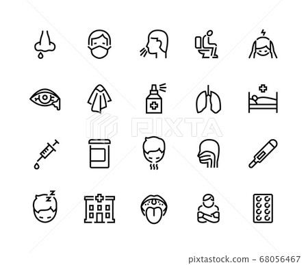 Flu line icons. Pneumonia and cold symptoms such as sneeze, cough, diarrhea and headache, outline healthcare and medical set. Vector editable strokes 68056467