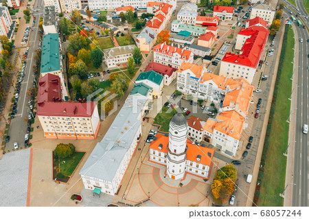 Mahiliou, Belarus. Mogilev Cityscape With Famous Landmark - 17th-century Town Hall. Aerial View Of Skyline In Autumn Day. Bird's-eye View 68057244