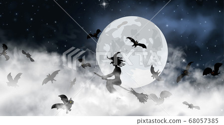 The witch sitting on the broom flyes through clouds up above the sky with Moon and stars shining on 68057385
