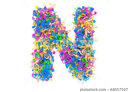 Letter N from colored musical notes. 3D rendering 68057507