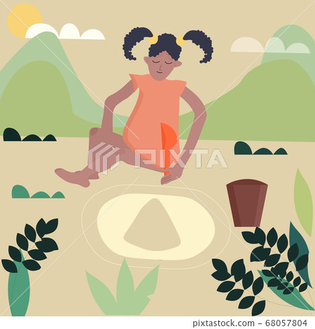 Cute little african american girl playing in the sand, child plays on the beach, happy kids outdoors on summer vacation vector illustration Cute little african american girl playing in the sand, child plays on the beach, happy kids outdoors on summer vacation vector illustration 68057804