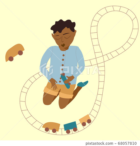 African american boy and toy train. A boy is playing with a train. Vector illustration eps 10 isolated on white background. African american boy and toy train. A boy is playing with a train. Vector illustration eps 10 isolated on white background. 68057810