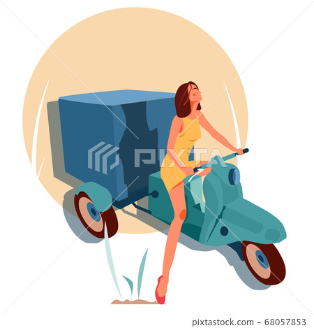 Girl on a cargo motorcycle for contactless delivery Girl on a cargo motorcycle for contactless delivery 68057853