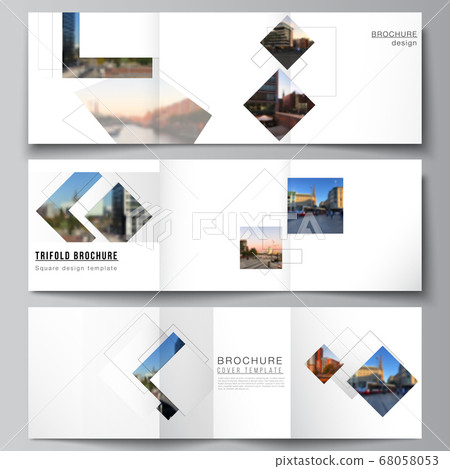 Vector layout of square format covers design templates with geometric simple shapes, lines and photo place for trifold brochure, flyer, magazine, cover design, book, brochure cover. Vector layout of square format covers design templates with geometric simple shapes, lines and photo place for trifold brochure, flyer, magazine, cover design, book, brochure cover. 68058053