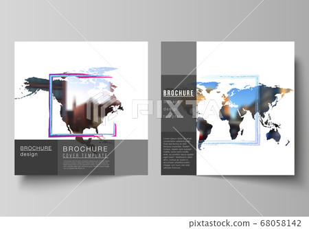 Vector layout of two square format covers templates for brochure, flyer, cover design, book design, brochure cover. Design template in the form of world maps and colored frames, insert your photo. Vector layout of two square format covers templates for brochure, flyer, cover design, book design, brochure cover. Design template in the form of world maps and colored frames, insert your photo. 68058142