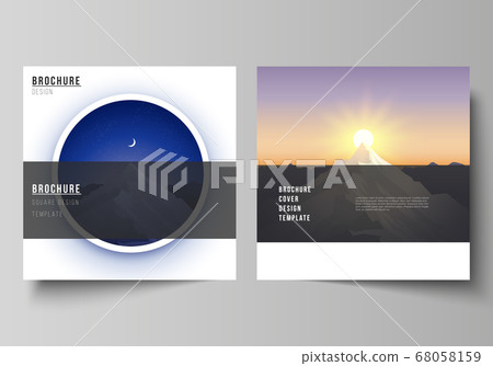 The minimal vector layout of two square format covers design templates for brochure, flyer, magazine. Mountain illustration, outdoor adventure. Travel concept background. Flat design vector. The minimal vector layout of two square format covers design templates for brochure, flyer, magazine. Mountain illustration, outdoor adventure. Travel concept background. Flat design vector. 68058159