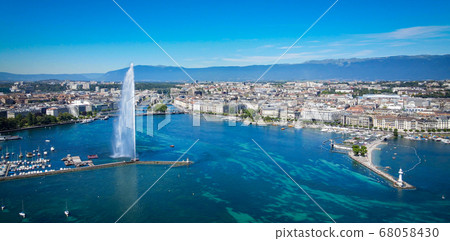Aeial view over Lake Geneva in Switzerland 68058430