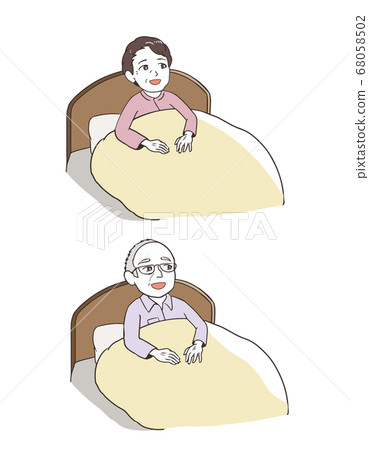 Smiling seniors sitting in bed - Stock Illustration [68058502] - PIXTA