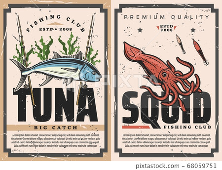 Fish and seafood fishing sport with tuna and squid 68059751