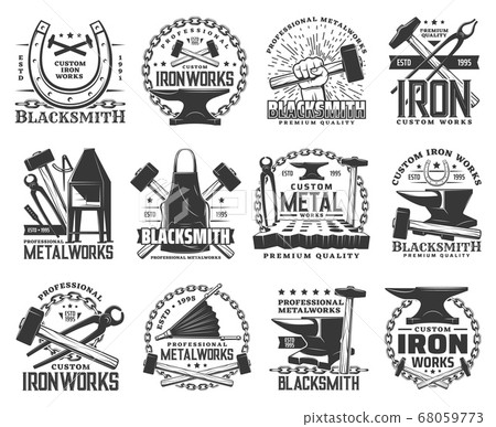 Blacksmith, metal or iron work rool icons - Stock Illustration ...