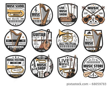 Musical instruments and notes, music icons - Stock Illustration ...