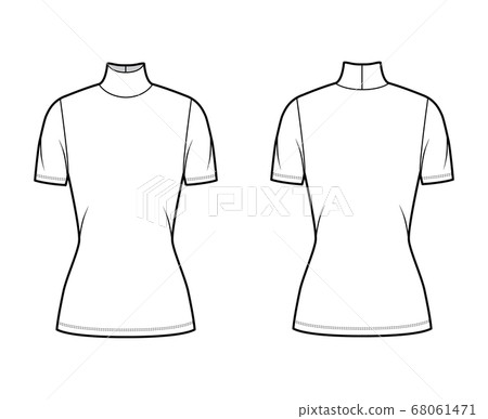 Turtleneck jersey sweater technical fashion illustration with short sleeves, close-fitting shape, tunic length 68061471