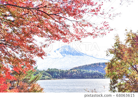 山梨縣 川口湖和富士山的秋葉 彩色鉛筆 插圖素材 圖庫