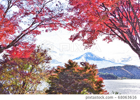 山梨縣 川口湖和富士山的秋葉 彩色鉛筆 插圖素材 圖庫