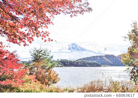 山梨縣 川口湖和富士山的秋葉 彩色鉛筆 插圖素材 圖庫