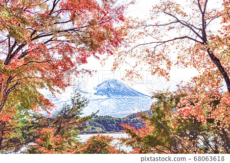 山梨縣 川口湖和富士山的秋葉 彩色鉛筆 插圖素材 圖庫