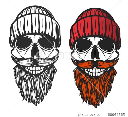 Skull with red beard, mustache and knitted hat 68064365