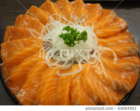 Salmon raw sashimi on black Japanese traditional 68064891