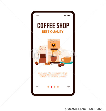 Coffee shop app banner with coffee machine pouring hot drink in cup. 68065026