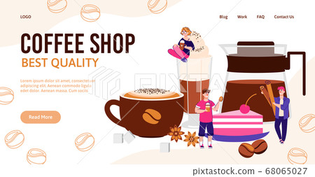 Coffee shop banner with hot drink in cup, glass and pot with tiny people Coffee shop banner with hot drink in cup, glass and pot with tiny people 68065027
