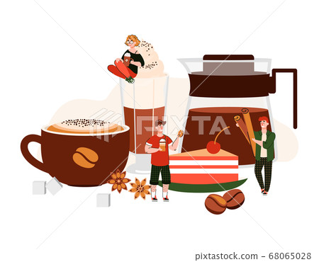 Coffee poster with cartoon people among giant drink cup, glass and pot 68065028