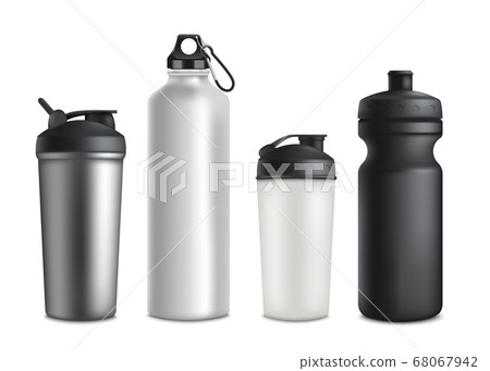 Sport or touristic water bottles and cups 3d vector mockup illustration isolated. 68067942