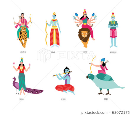 Indian gods - isolated set of Hindu religion figures - flat vector illustration on white background Indian gods - isolated set of Hindu religion figures - flat vector illustration on white background 68072175