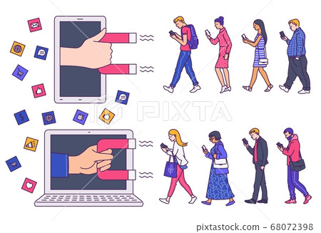 Digital inbound marketing concept set - people pulled by magnets into screens Digital inbound marketing concept set - people pulled by magnets into screens 68072398