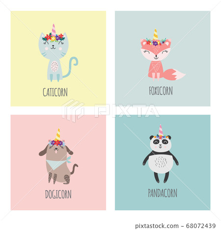 Cute animals with flower crowns and unicorn horns - greeting card set 68072439