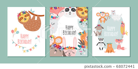 Birthday cards set with animals in scandinavian style flat vector illustration. 68072441
