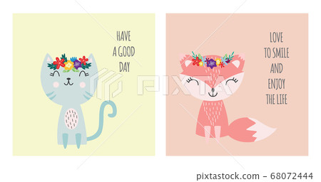 Cute animals wearing flower crowns - cartoon baby cat and fox card set 68072444