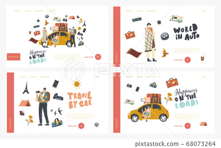 Car Travel Landing Page Template Set. Friends with Luggage Traveling by Automobile. Characters Enjoy Auto Tourism, Trip Car Travel Landing Page Template Set. Friends with Luggage Traveling by Automobile. Characters Enjoy Auto Tourism, Trip 68073264