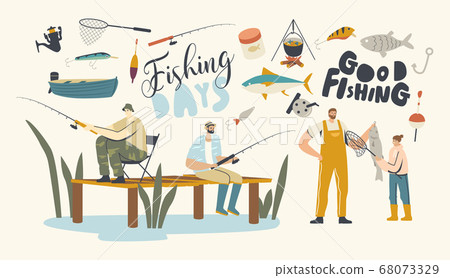 Fishing Hobby, Fishermen Sit on Pier with Rod Having Good Catch. Father with Daughter on Lake or River Catching Fish Fishing Hobby, Fishermen Sit on Pier with Rod Having Good Catch. Father with Daughter on Lake or River Catching Fish 68073329