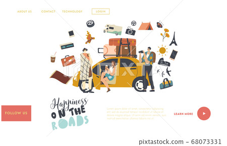 Car Travel Landing Page Template. Friends Company with Camping Stuff and Luggage Traveling by Automobile. Auto Tourism Car Travel Landing Page Template. Friends Company with Camping Stuff and Luggage Traveling by Automobile. Auto Tourism 68073331